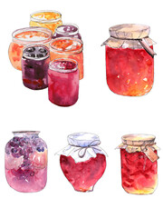 Watercolor, illustration, berry jam in glass jars