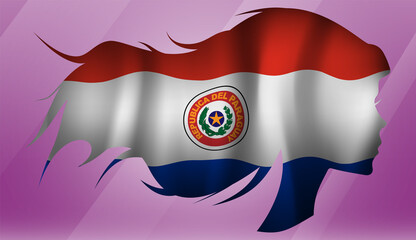 Vector beautiful woman portrait silhouette with long flowing hair in national flag of Paraguay on pink background
