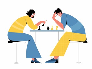 Chess game. Trendy flat illustration. People play chess. Chess pieces.