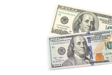 two dollar bills of the old and new sample on a white background.