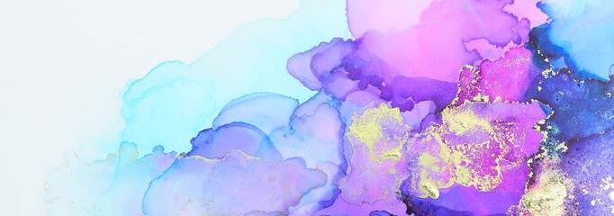 art photography of abstract fluid art painting with alcohol ink, blue, pink, purple and gold colors. banner