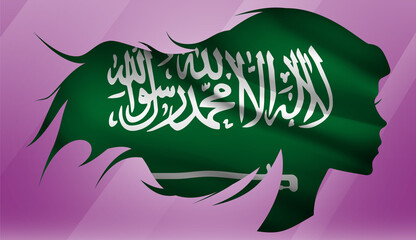 Vector beautiful woman portrait silhouette with long flowing hair in national flag of Saudi Arabia on pink background