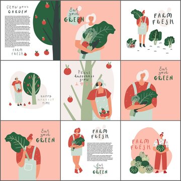Farm fresh, eat green eco product natural and organic food mindful eating concept. Vector template for card brochure book page designn