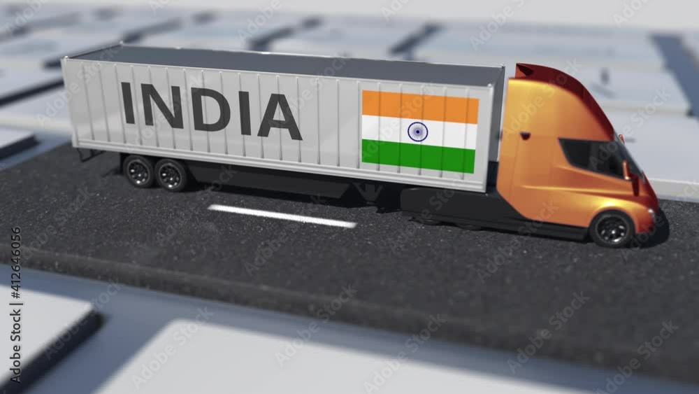 Poster flag of india on moving truck and computer keyboard. international shipping related looping 3d anima