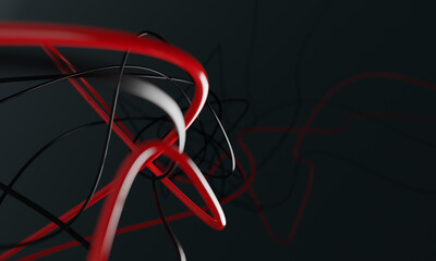 Abstract background with wires. Red and black curve cables on a dark background. 3D render