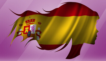 Obraz premium Vector beautiful woman portrait silhouette with long flowing hair in national flag of Spain on pink background