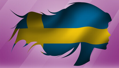 Vector beautiful woman portrait silhouette with long flowing hair in national flag of Sweden on pink background