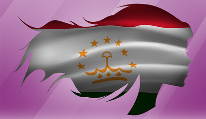 Vector beautiful woman portrait silhouette with long flowing hair in national flag of Tajikistan on pink background