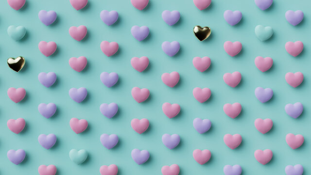 Multicolored Heart background. Valentine Wallpaper with Pink, Violet and Gold love hearts. 3D Render 