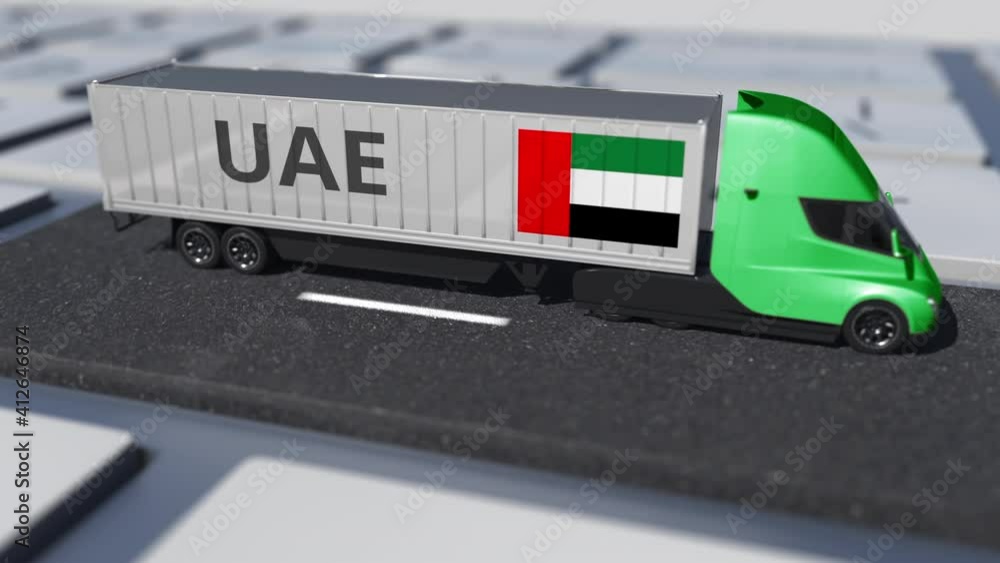 Aufkleber truck with flag of the uae moves on the keyboard key. export or import related looping 3d animation