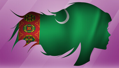 Vector beautiful woman portrait silhouette with long flowing hair in national flag of Turkmenistan on pink background