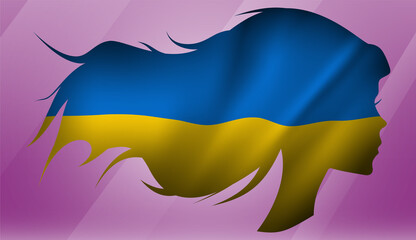 Vector beautiful woman portrait silhouette with long flowing hair in national flag of Ukraine on pink background