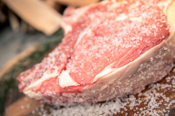 Closeup of a beautiful italian steak ready to be cooked on a barbeque. Appetizing piece of meat next to a pyre of firewood ready to be set on fire. Bbq, recreation, picnic, outdoors cooking concept.