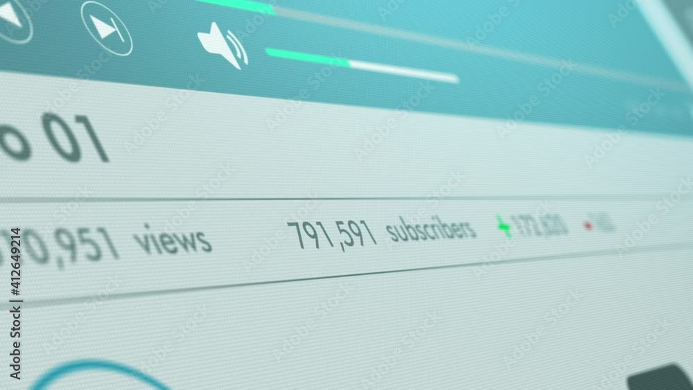 Aufkleber close-up view of a computer monitor, video channel template with increase of views and subscribers, 