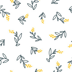 Obraz premium Floral seamless vector pattern with small flowers. Simple hand-drawn style. Motifs scattered liberty. Pretty ditsy for fabric, textile, wallpaper. Digital paper in white background.