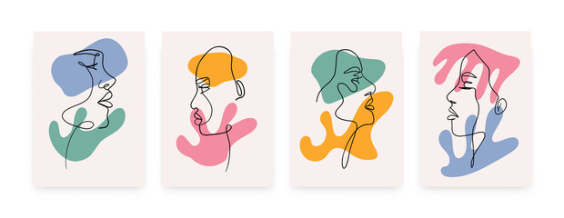 Abstract line woman portrait posters. Minimal one line female face organic shapes, modern art. Vector illustration