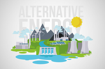 eco power vector illustration icons types energy generation. set icons renewable alternative energy. Inergen sun, wind, water, resources. set a windmill, solar battery,coal ,nuclear, Hydropower