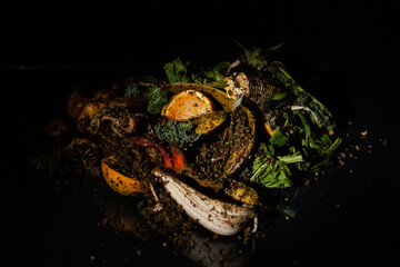 organic fruit and vegetable peels to compost with black background
