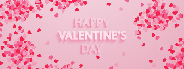 Fototapeta na wymiar Banner for Happy Valentine's Day with red, pink hearts confetti and 3d text on pink background. Vector Holiday illustration for decor, design, arts, advertising.