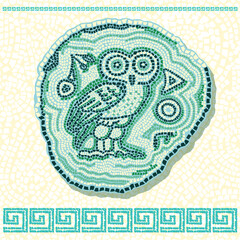 Vector  mosaic illustration in antique style. Tile with an owl and mosaic pieces in the old style on a white background.
