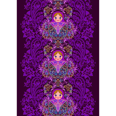 Vertical seamless lace pattern with nesting dolls . Purple ornament - background. Use for embroidery, braid, tape, ribbon. Vector clipart.