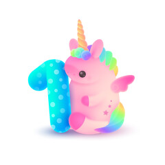 Cute plump pink unicorn with horn, rainbow hair and blue number 1. Holiday, birthday  illustration for postcard greeting card, banner, decor, design, arts,  party on white background.
