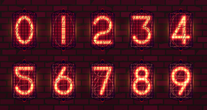 Set of retro neon numbers from red lamps in-12, nixie tube indicator, industrial lamp gas-discharge indicator, warm light on dark background. Vector steampunk illustration.