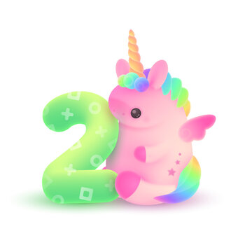 Cute plump pink unicorn with horn, rainbow hair and green number 2. Holiday, birthday illustration for postcard greeting card, banner, decor, design, arts, party on white background. © vector zėfirkã