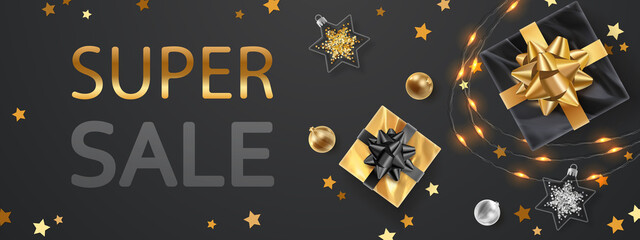 Fototapeta na wymiar Banner for super sale with gold, black gifts, garland, stars and text on black background. Vector Holiday illustration for postcard, banner, cards, decor, design, arts, advertising.