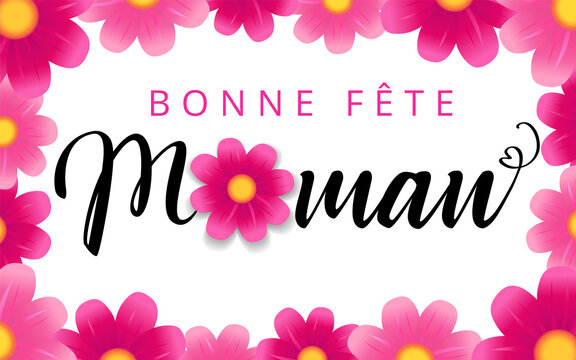 Happy Mothers day - Bonne fete Maman elegant french calligraphy and flower background. Hand drawn vector text and rose on white background for Mother's Day