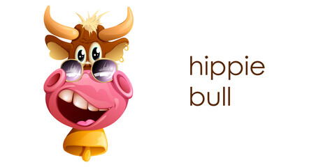 Vector illustration of a funny hippie bull in cartoon style