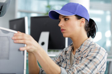 female technician checking electrical appliance