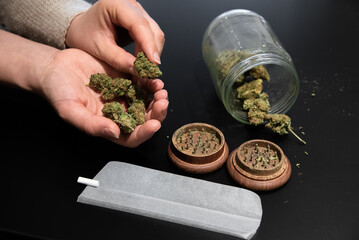 Cannabis buds in a hand and other smoking utensils on a table