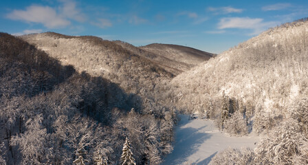 Aerial view about Szalajka valley, winter landscape.