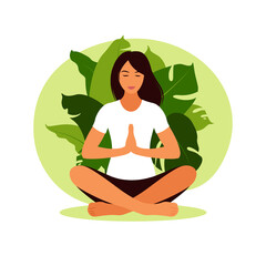 Obraz na płótnie Canvas Woman meditating in nature. Meditation concept, relax, recreation, healthy lifestyle, yoga. Woman in lotus pose. Vector illustration.