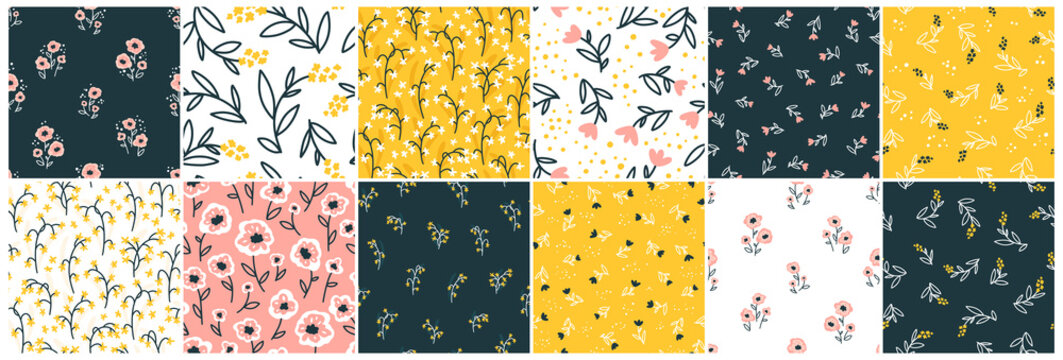 Collection Floral seamless pattern with cute small flowers. Simple doodle hand-drawn style. Motifs scattered liberty. Pretty ditsy for Millefleurs fabric, textile, wallpaper. Vector Digital paper.