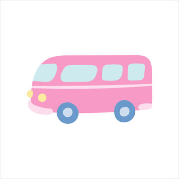 Pink travel bus on white background. Vector illustration in flat style