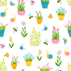 Spring seamless pattern in simple hand-drawn cartoon style. Vector childish colorful illustration with flower pots with insects, bouquets and vases. Garden flower shop.