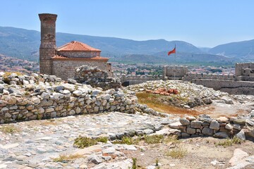 Beautiful view on ancient Ayasuluk Castle with destroyed medieval buildings, Selcuk, Ephesus, Turkey. Turkish famous historical landmark.