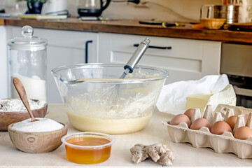 Homemade baking ingredients, authentic photo. The process of making homemade bread
