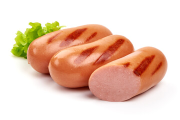 Grilled pork sausages, isolated on white background