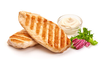 Grilled chicken breast served with mix salad, isolated on white background
