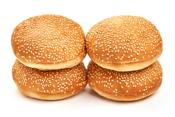 Burger buns with sesame seeds, ingredients for hamburger, isolated on white background