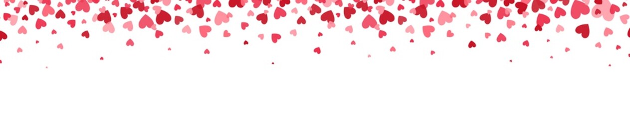 Celebration backdrop with heart confetti. Bright hearts confetti falling on white background. Valentines Day design elements for greeting cards, wedding invitation, gift packages. Vector illustration