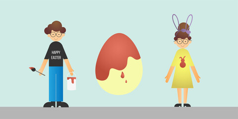 a boy with a brush in his hands paints eggs for Easter and a girl in a dress with bunny ears congratulates on Easter