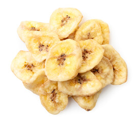 Banana chips on white background, isolated. The view from top