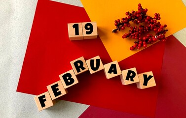 February 19 on a multi-colored background on wooden cubes.Near artificial red berries .Winter.Calendar for February.