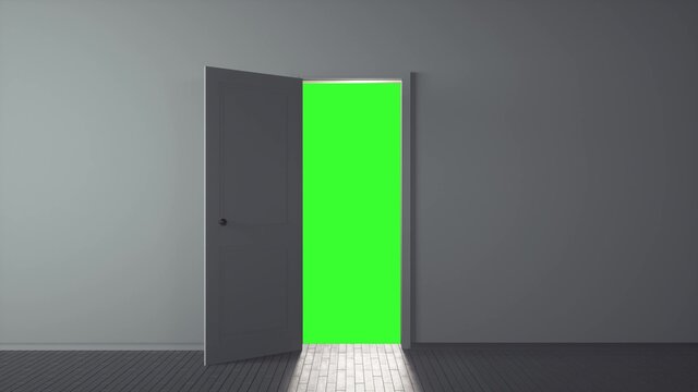 White classic design door opening to green screen, chroma key. 3d illustration