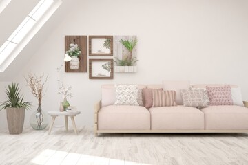 White living room with sofa. Scandinavian interior design. 3D illustration