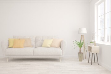 White living room with sofa. Scandinavian interior design. 3D illustration